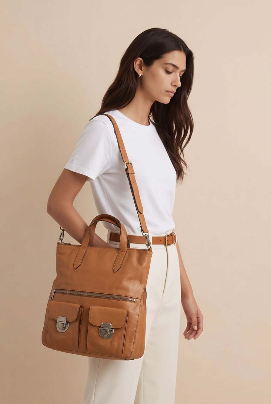 Fossil Brown Soft Leather Fold-Over Tote and Crossbody Bag